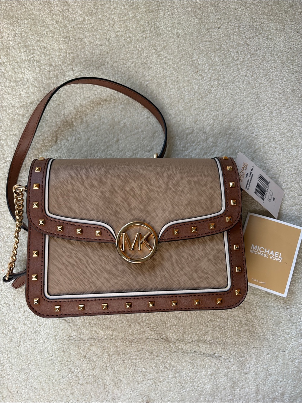 Michael Kors LeiBeige and Brown Leather Studded Shoulder Bag with Gold MK Emblem